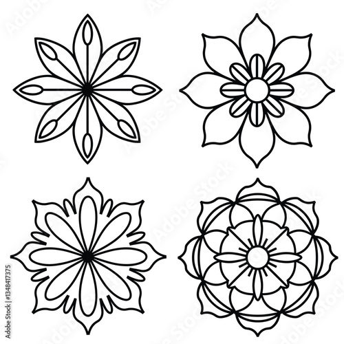 Geometric flower designs in a minimal style, showcasing various shapes and symmetries, perfect for coloring pages and stencil art.