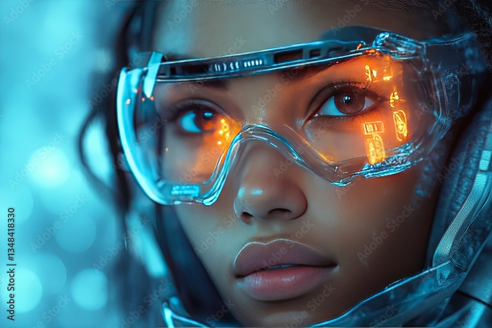 Woman in futuristic visor looks onward with bright reflections, tech background Woman in futuristic visor looks onward with bright reflections, tech background
