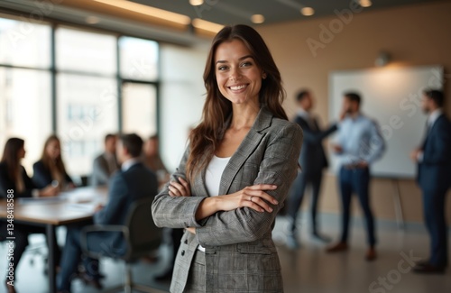 Smiling woman business teacher after corporate training class. Female mentor stands in office conference room, looking at camera and smiling. Team in background. Leadership, work, success concept.
