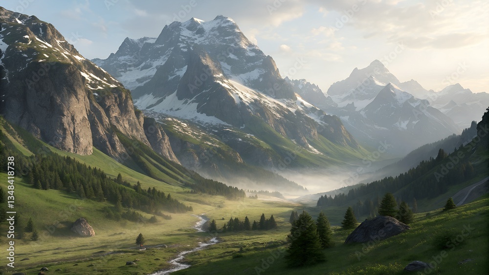 Fototapeta premium A breathtaking vista captures a lush valley nestled between towering, snow-capped mountains