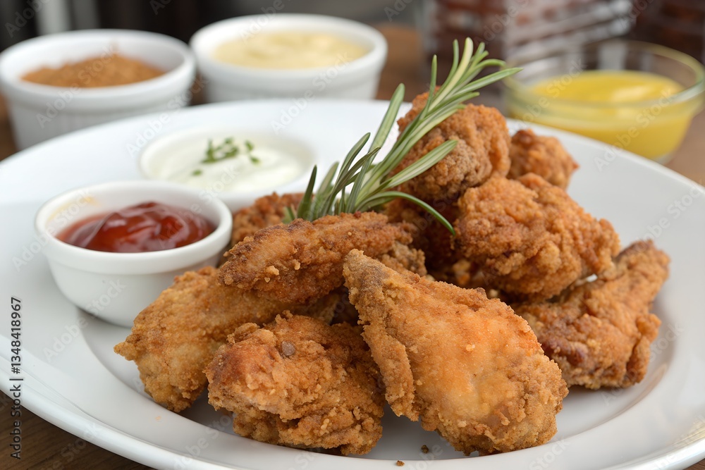 Delicious Crispy Fried Chicken with Sauces and Fresh Rosemary Garnish Delicious Crispy Fried Chicken with Sauces and Fresh Rosemary Garnish