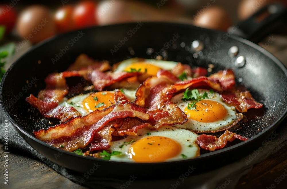 Crispy Bacon and Sunny-Side-Up Eggs Cooking in Modern Skillet on Rustic Wooden Table Surrounded by Fresh Ingredients and Kitchen Environment Crispy Bacon and Sunny-Side-Up Eggs Cooking in Modern Skillet on Rustic Wooden Table Surrounded by Fresh Ingredients and Kitchen Environment