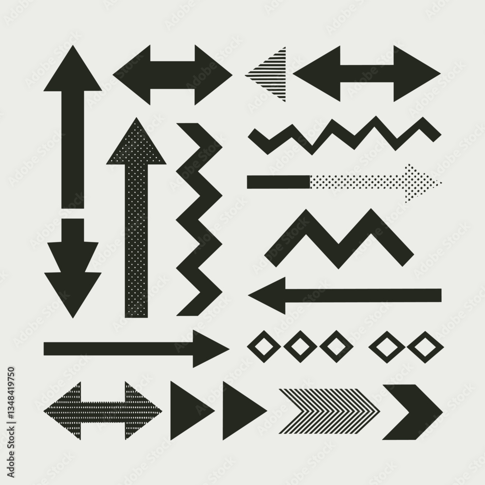 Diverse black arrows point in different directions. Includes dotted, dashed, zig-zag, and geometric arrows. Directional indicators for presentations. Diverse black arrows point in different directions. Includes dotted, dashed, zig-zag, and geometric arrows. Directional indicators for presentations.