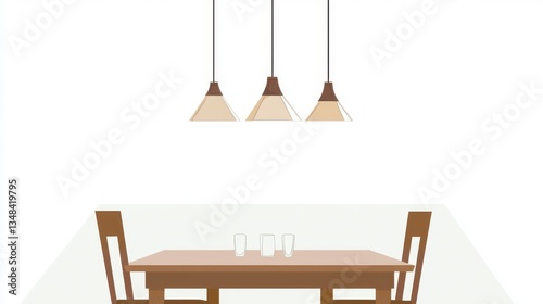 Modern Minimalist Dining Room Interior Design: A Serene and Elegant Space with Wooden Table, Simple Chairs, and Three Pendant Lights. Perfect for Contemporary Home Decor Inspiration.