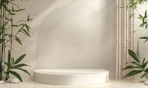 A product display stand surrounded by Wabi-sabi style green plants