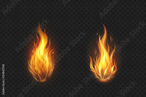 Fire flame effect, bonfire, realistic silhouette of match or torch flame. Lights and flames design on transparent background vector, png.	
