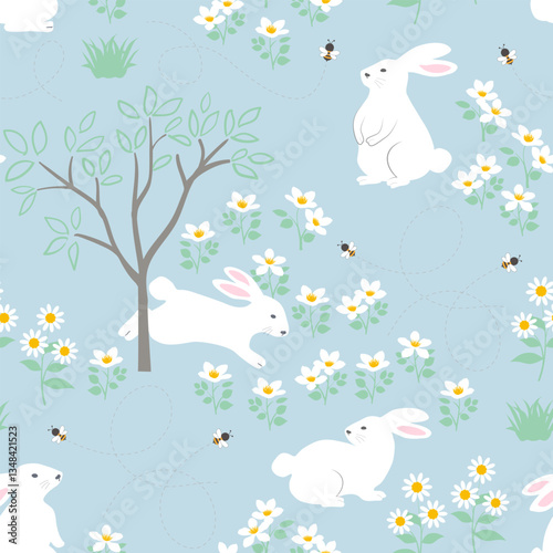 Easter seamless repeat pattern with cute hand drawn rabbits on spring flowers