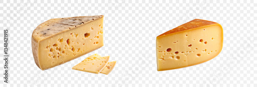 Realistic hard cheeses of different types, blue cheeses, cheeses with truffles. Sliced ​​pieces and slices of cheese appetite effect, vector png.	
