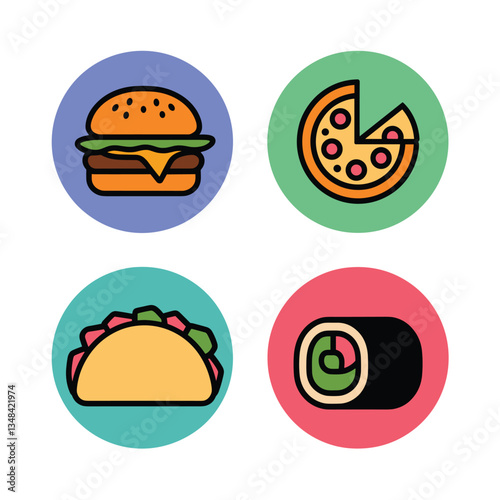 Stylized icons of popular food items, showcasing a burger, pizza, taco, and sushi roll in colorful circular designs.