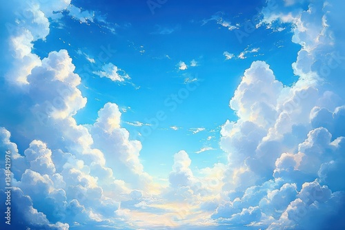 Summer Blue Sky and Clouds Serene Landscape with Vibrant Pastels and Soft Brushstrokes