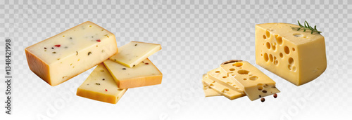 Realistic hard cheeses of different types, blue cheeses, cheeses with truffles. Sliced ​​pieces and slices of cheese appetite effect, vector png.