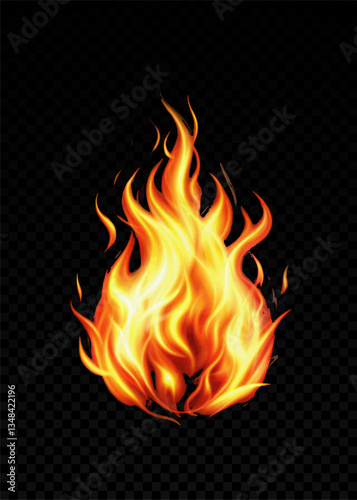 Fire flame effect, bonfire, realistic silhouette of match or torch flame. Lights and flames design on transparent background vector, png.