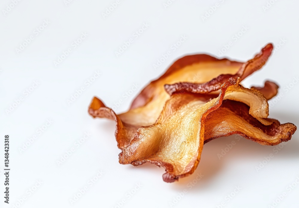 Fototapeta premium Crispy Bacon Strips on White Background Perfect for Food Photography, Culinary Use, or as Ingredient in Recipes and Gastronomic Designs