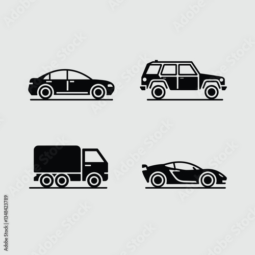 Four vehicle icons: sedan, SUV, truck, and sports car, each represented in a simplified black silhouette against a light background. Minimalist car design.