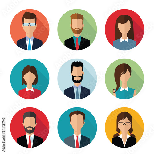 Diverse professional avatar collection. Flat design icons of various professionals in business attire on colorful circular backgrounds. Ideal for profiles and teams.