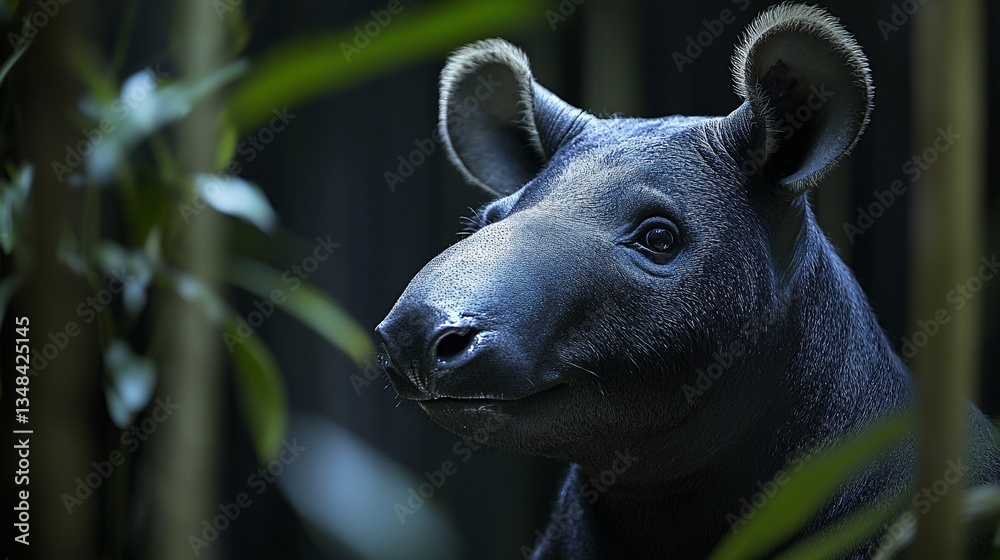 Fototapeta premium A dark-hued tapir, its large ears and expressive eyes visible amidst lush green foliage