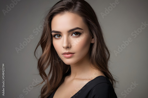 Beautiful young woman with long brown wavy hair is posing in studio
