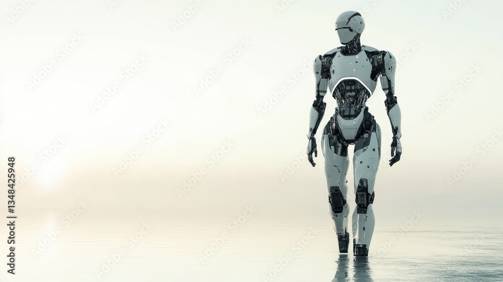 A lone android walks towards a serene horizon, a futuristic scene of calm and quiet contemplation. A lone android walks towards a serene horizon, a futuristic scene of calm and quiet contemplation.