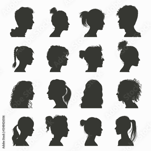 Silhouette profiles displaying various hairstyles. A diverse collection of head shapes showcasing different looks and styles against a neutral background.