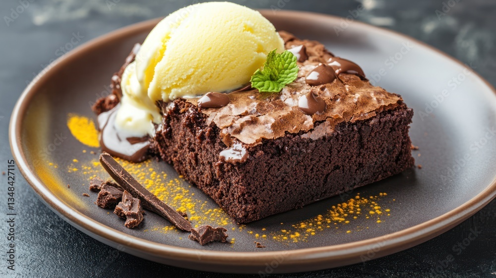 Delicious chocolate brownie with vanilla ice cream and fresh mint garnish Delicious chocolate brownie with vanilla ice cream and fresh mint garnish