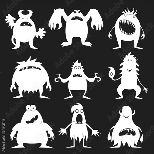 Nine cartoon monsters in silhouette style. A collection of spooky creatures for all your creative needs. Perfect for Halloween and themed projects.