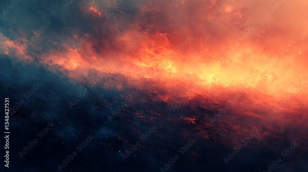 Fototapeta premium digital artwork depicting a dramatic and fiery sky features a vivid gradient of colors, transitioning from deep blues to intense oranges and reds resembling a burning horizon