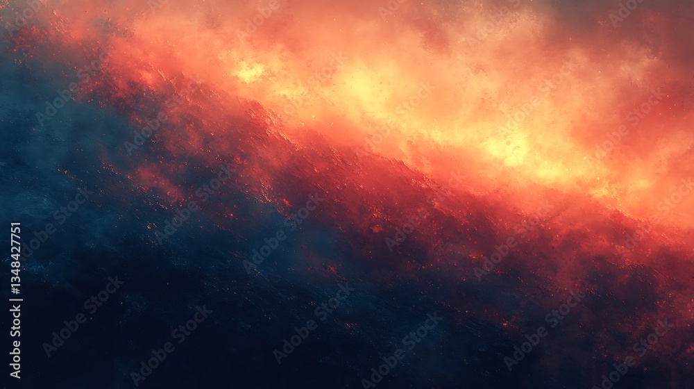 Naklejka premium digital artwork depicting a dramatic and fiery sky features a vivid gradient of colors, transitioning from deep blues to intense oranges and reds resembling a burning horizon