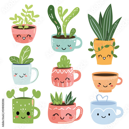Quirky collection of plants in adorable mugs, each with cute faces! A charming and whimsical garden. Plants bring joy and positive vibes.