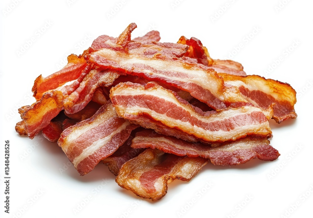 Crispy Cooked Bacon Strips Piled on a White Background Ideal for Food and Cooking Photography, Perfect for Breakfast Dishes and Culinary Projects Crispy Cooked Bacon Strips Piled on a White Background Ideal for Food and Cooking Photography, Perfect for Breakfast Dishes and Culinary Projects