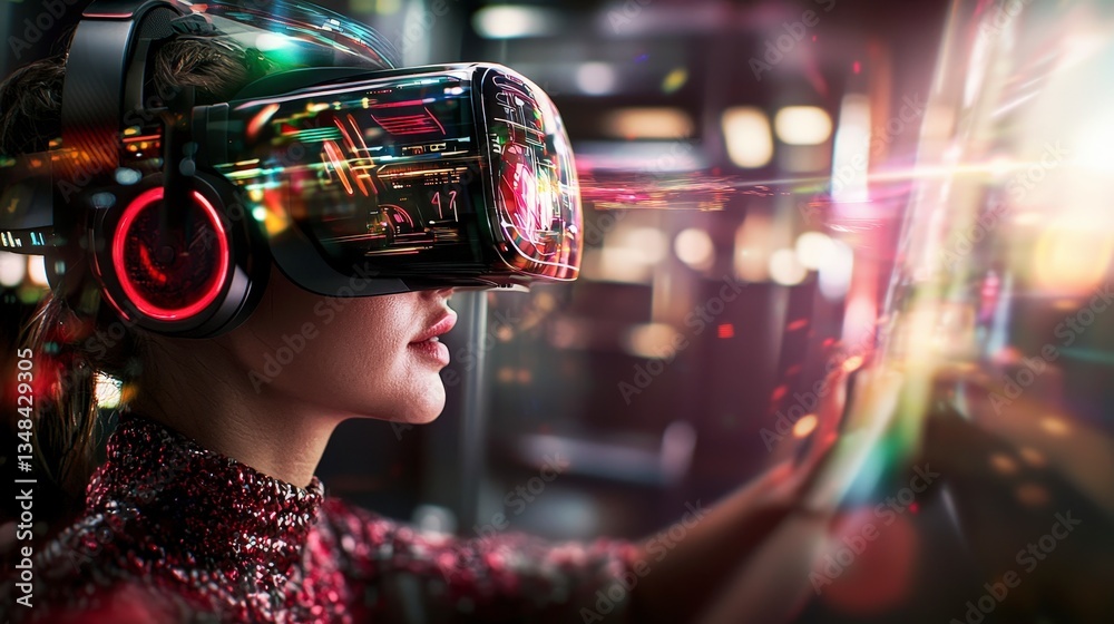 Woman Experiencing Immersive Virtual Reality Headset Technology Woman Experiencing Immersive Virtual Reality Headset Technology