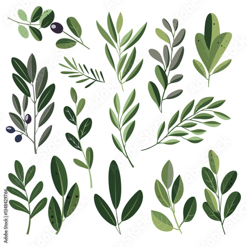 A botanical illustration featuring an assortment of vibrant green leafy sprigs and branches, creating a fresh and organic feel. Perfect for nature-inspired designs.