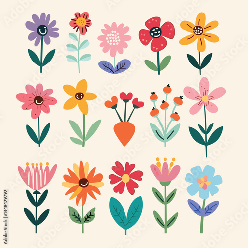 A whimsical and vibrant assortment of stylized flowers in a flat design, perfect for adding a touch of nature to any project with a light background.