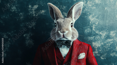 Abstract, creative, illustrated, minimal portrait of a wild animal dressed up as a man in elegant clothes. A rabbit standing on two legs in vintage costume