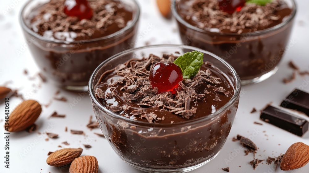 Delicious Chocolate Pudding Cups Topped with Cherry and Chocolate Shavings