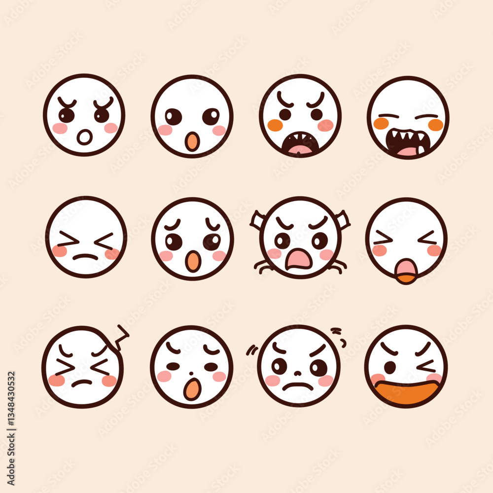Collection of cartoon emoticon faces with diverse expressions showing anger, surprise, sadness, and various moods. Simple vector illustrations. Collection of cartoon emoticon faces with diverse expressions showing anger, surprise, sadness, and various moods. Simple vector illustrations.