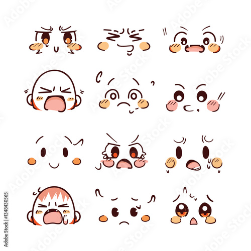 A variety of cartoonish emotional expressions portrayed as isolated facial features, indicating a wide range of feelings and sentiments.