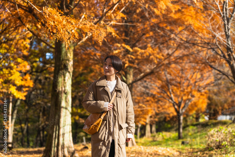 紅葉を楽しむ女性 ライフスタイルイメージ 紅葉を楽しむ女性 ライフスタイルイメージ
