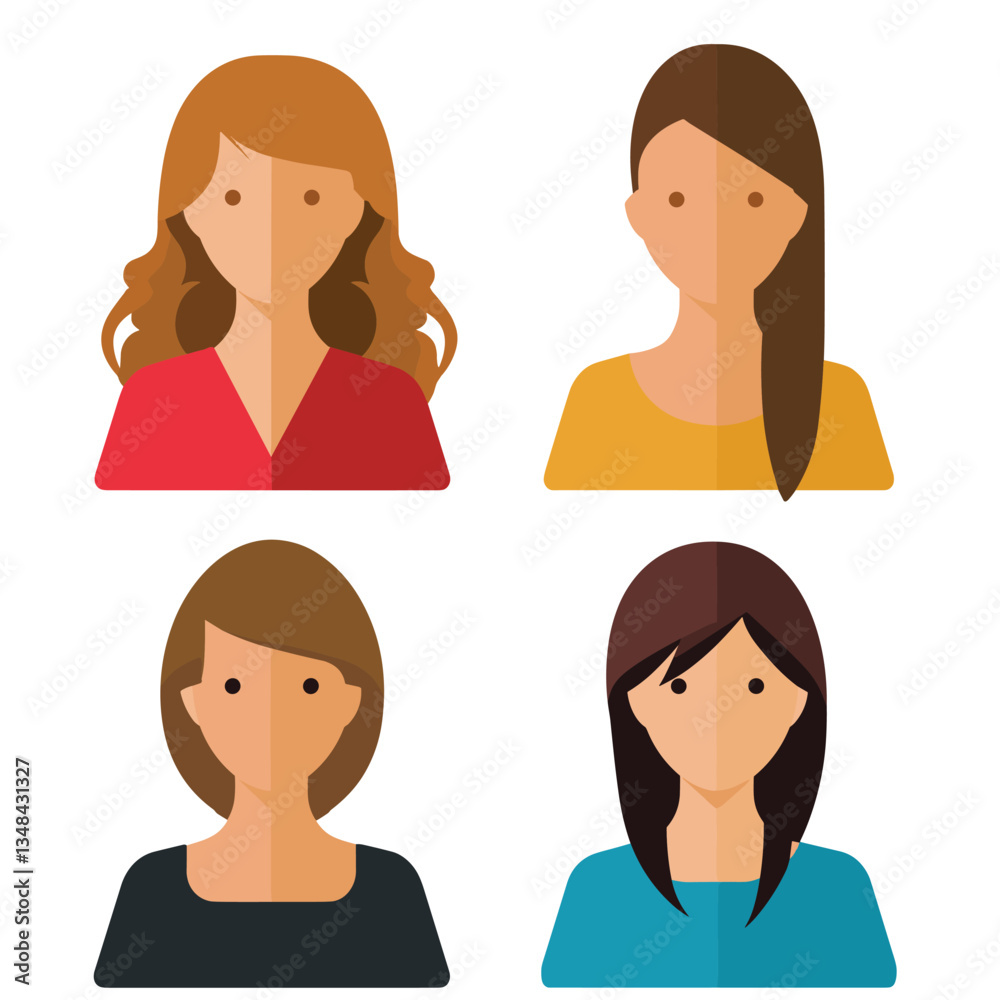 Four distinct women are portrayed using flat design in this image. Each avatar has unique hair and clothing, creating a diverse and modern collection. Four distinct women are portrayed using flat design in this image. Each avatar has unique hair and clothing, creating a diverse and modern collection.