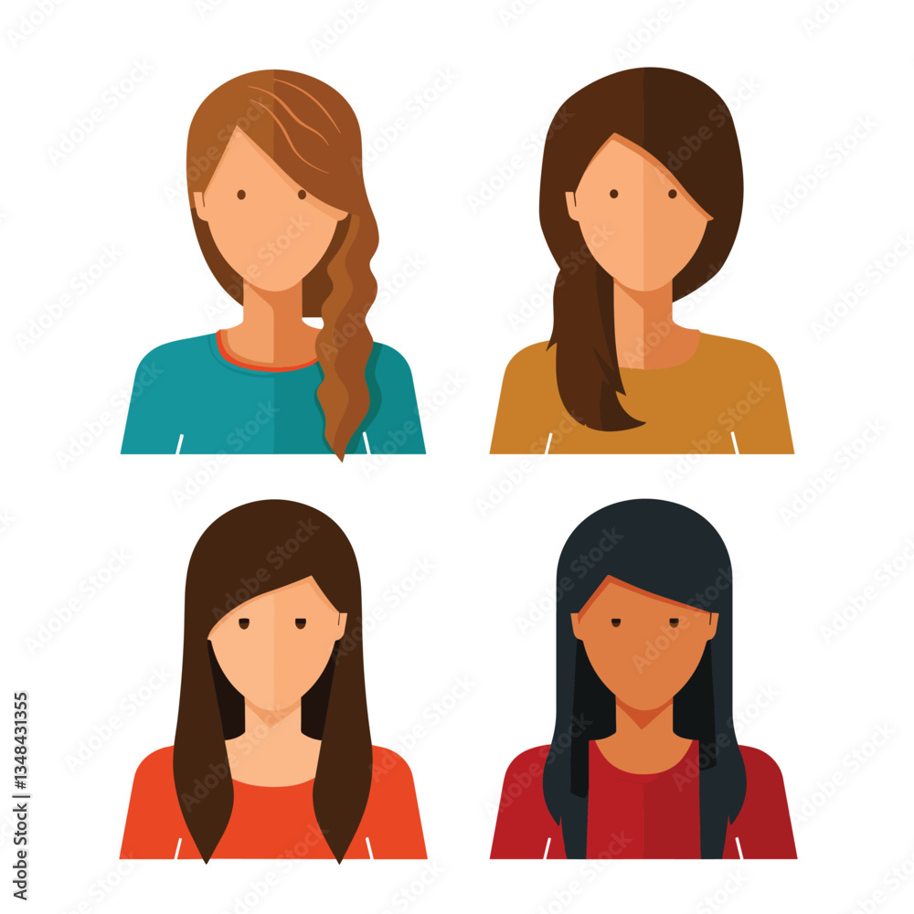 Diverse group of women, each displaying distinct hair styles and skin tones. They are presented as flat graphic avatars against a white backdrop. Diverse group of women, each displaying distinct hair styles and skin tones. They are presented as flat graphic avatars against a white backdrop.