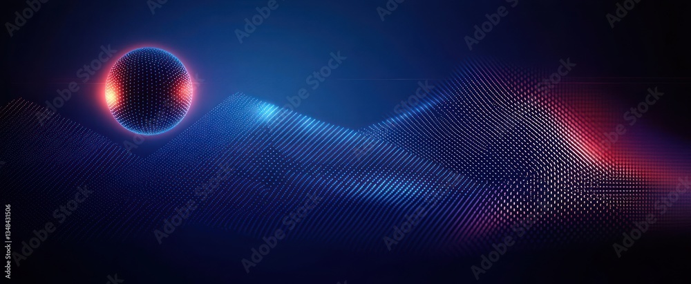 Obraz premium Abstract Geometric Design with Neon Lines and Textured Sphere in Deep Blue Gradient Background