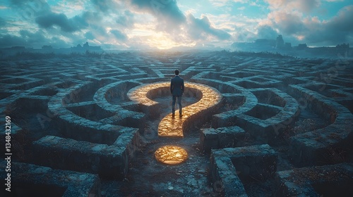 A person navigating a maze like path toward a glowing question mark photo