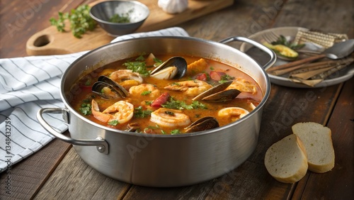 Delicious bouillabaisse served in a large pot with seafood, spices, and fresh herbs on a rustic wooden table