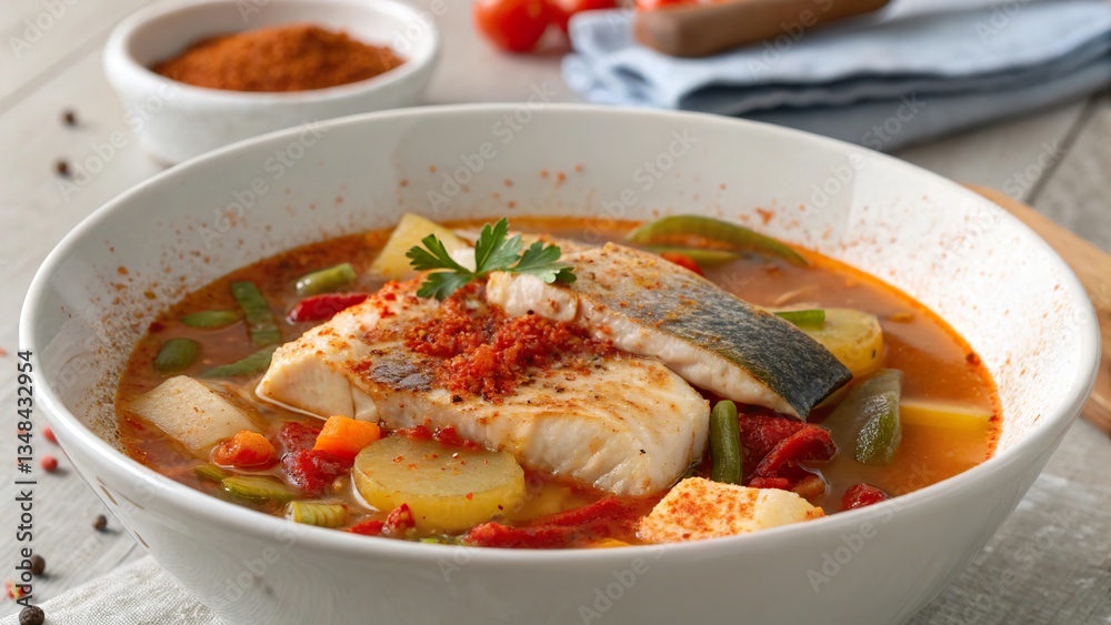 Bouillabaisse served in a bowl topped with paprika, featuring fresh fish and vegetables Bouillabaisse served in a bowl topped with paprika, featuring fresh fish and vegetables