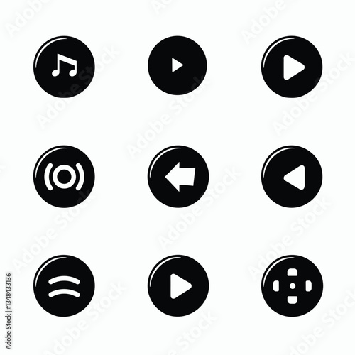Audio playback control buttons: play, rewind, skip, and other control icons against a white background, symbolizing music management and user interface.