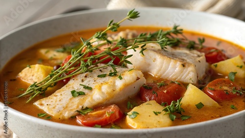 Close up shot of bouillabaisse featuring fresh herbs, vibrant vegetables, and fish in a savory broth