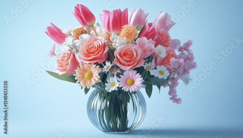 Wallpaper Mural Vibrant spring bouquet of roses, tulips, daisies in a glass vase on a light blue background. Torontodigital.ca