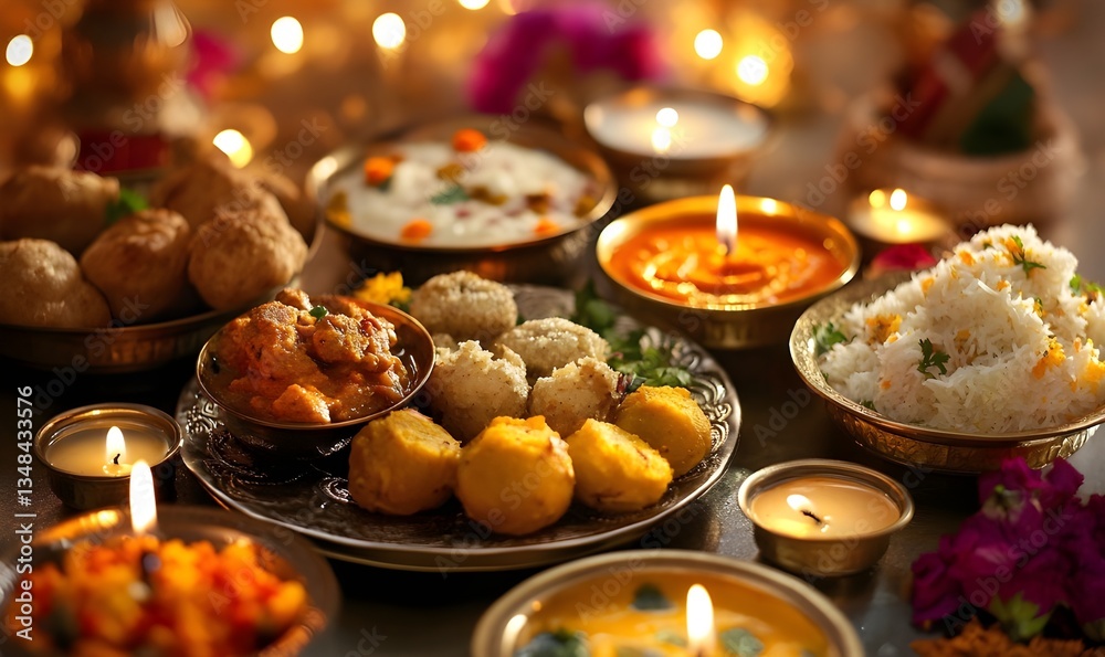 An elegant table displaying Indian cuisine, adorned with flickering candles for a cozy dining experience. An elegant table displaying Indian cuisine, adorned with flickering candles for a cozy dining experience.