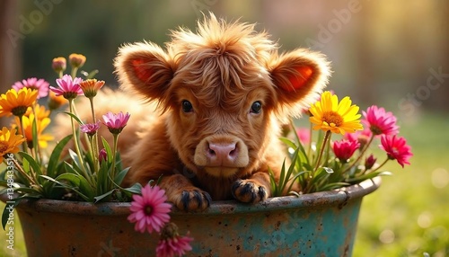 Adorable Highland Calf in Flower Pot Springtime Photo