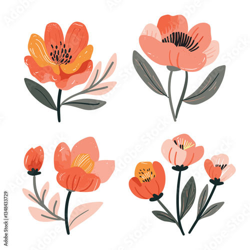 Floral assortment featuring a collection of orange and pink blooms. A delightful composition with minimalist leaves and stems.