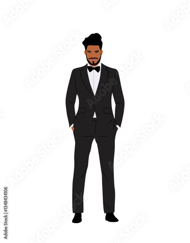 Handsome man wearing tuxedo and bow tie, luxury evening outfit for Christmas, New Year, Wedding event, party. Male cartoon character vector realistic illustration isolated on transparent background.